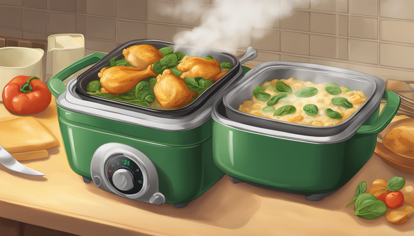 A freshly baked chicken and spinach casserole sits on a kitchen counter, steam rising from the golden brown surface. A timer on the stove shows the current time