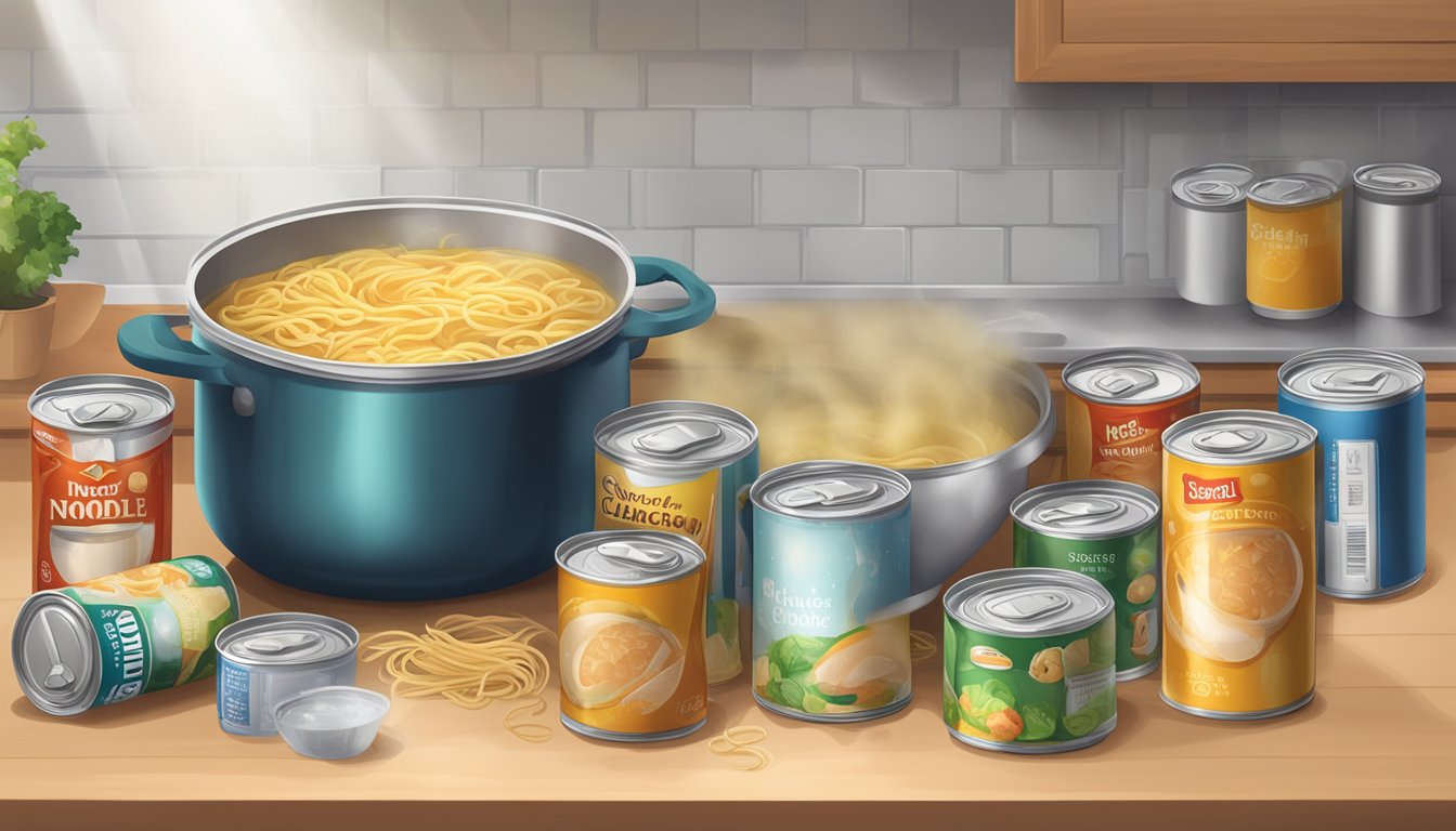 A steaming bowl of canned chicken noodle soup sits on a kitchen counter, surrounded by empty cans and a timer counting down