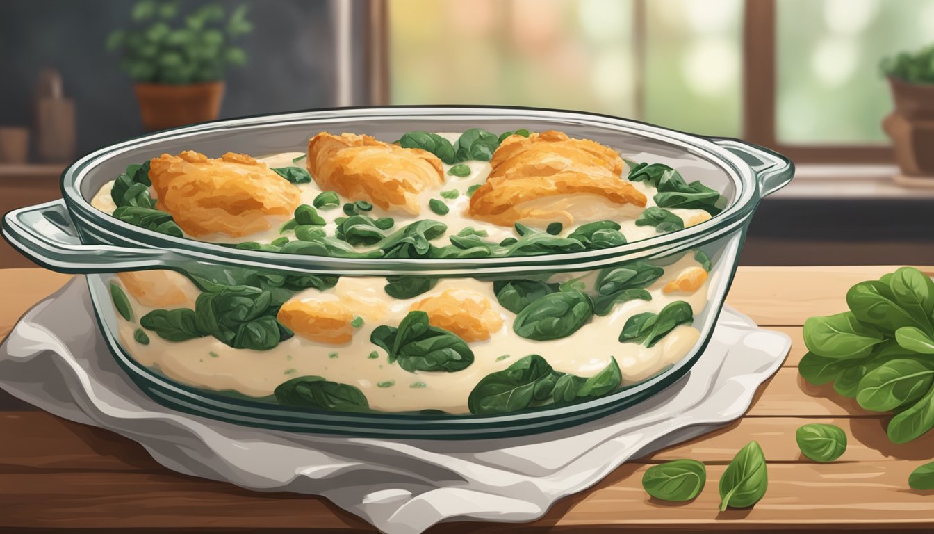 A bubbling casserole dish filled with layers of tender chicken, fresh spinach, and creamy sauce, sitting on a rustic wooden table