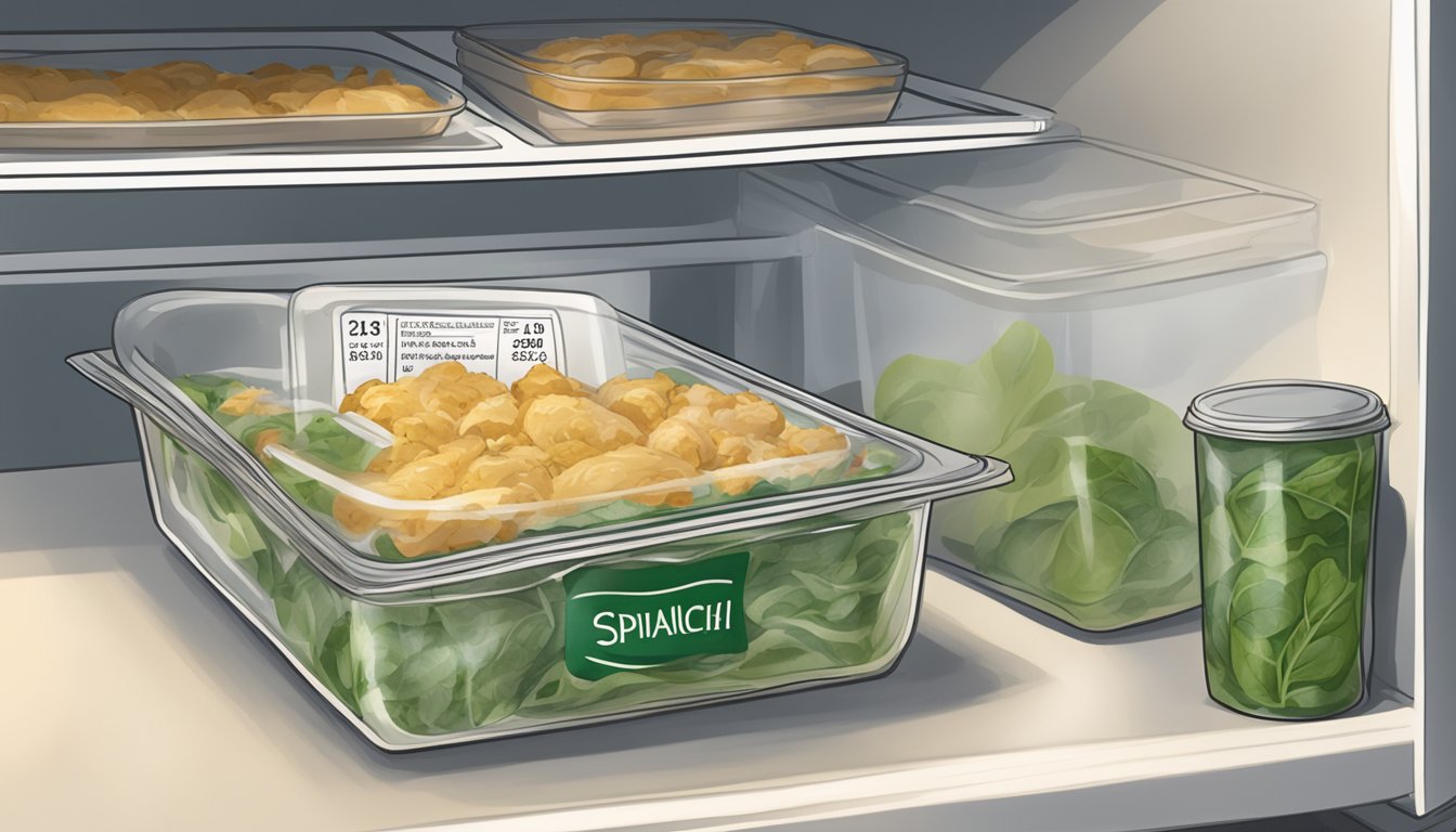 A chicken and spinach casserole sits in a sealed container in the refrigerator, with a visible date label showing the date it was made