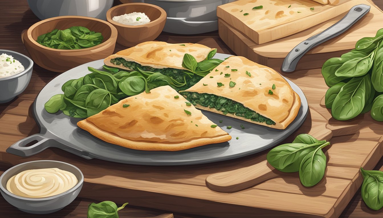 A freshly baked chicken and spinach flatbread sits on a wooden cutting board, surrounded by scattered ingredients and kitchen utensils