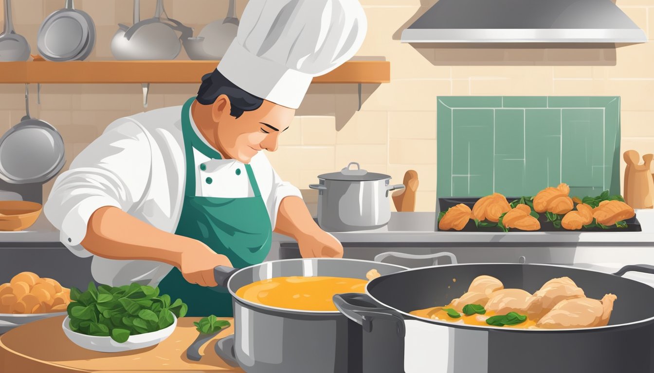 A chef stirs together a creamy base in a large pot, adding in chicken and spinach for a casserole