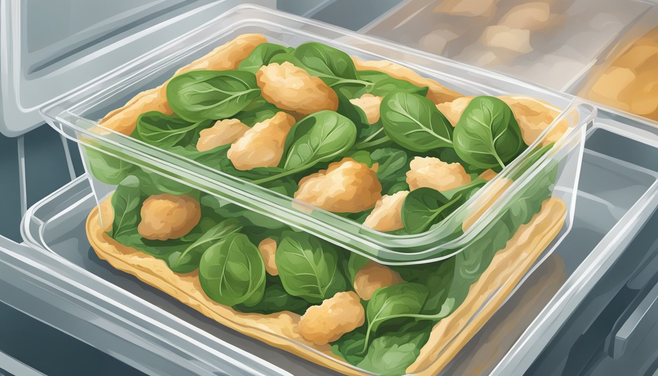 A chicken and spinach flatbread is stored in an airtight container in the refrigerator