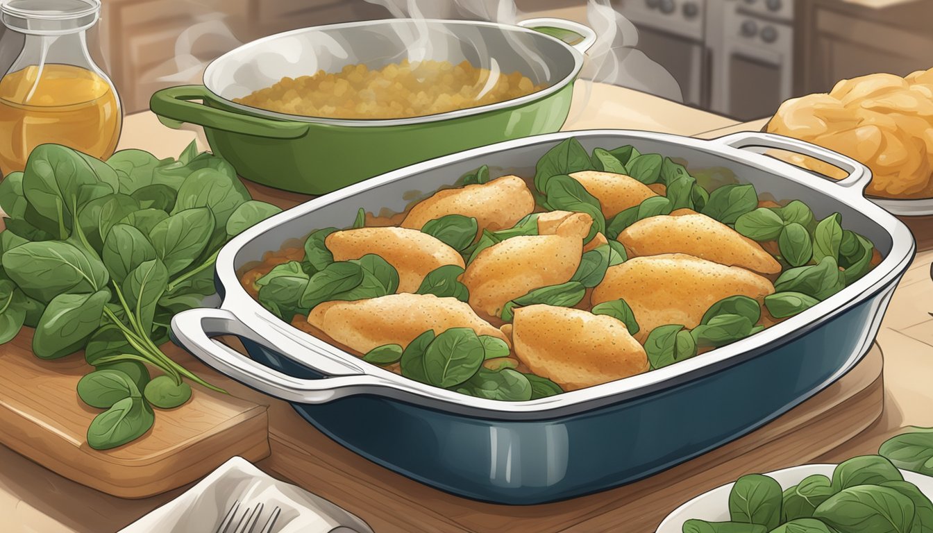 A bubbling casserole dish, golden brown on top, steaming hot from the oven, surrounded by fresh spinach leaves and raw chicken breasts on a clean kitchen counter