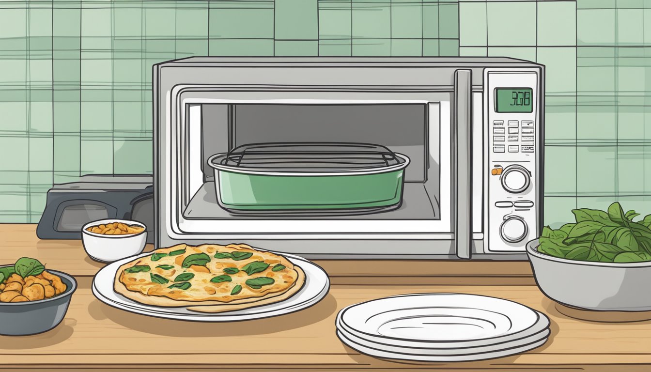 A flatbread topped with chicken and spinach sits on a plate next to a microwave and a serving suggestion card