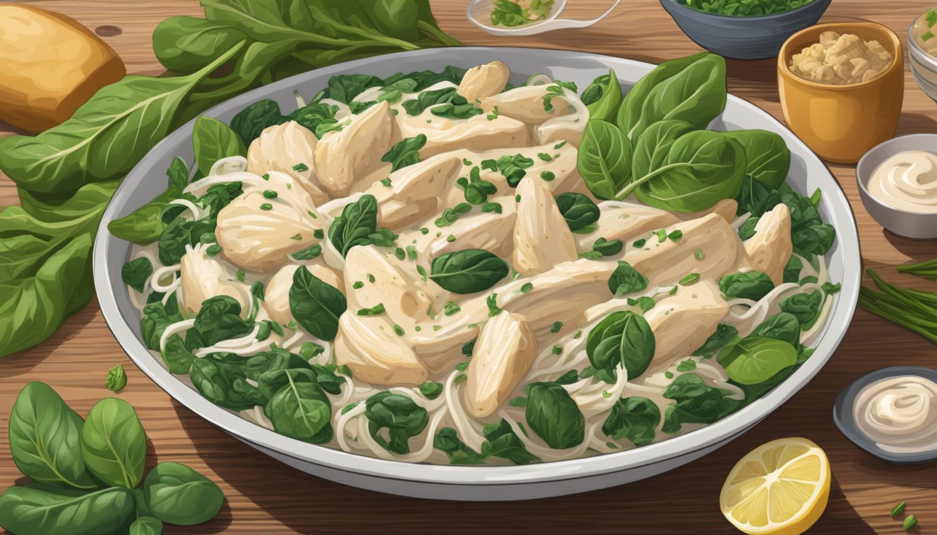 A steaming bowl of Chicken and Spinach Alfredo sits on a wooden table, surrounded by fresh ingredients. The creamy sauce coats the tender chicken and vibrant green spinach