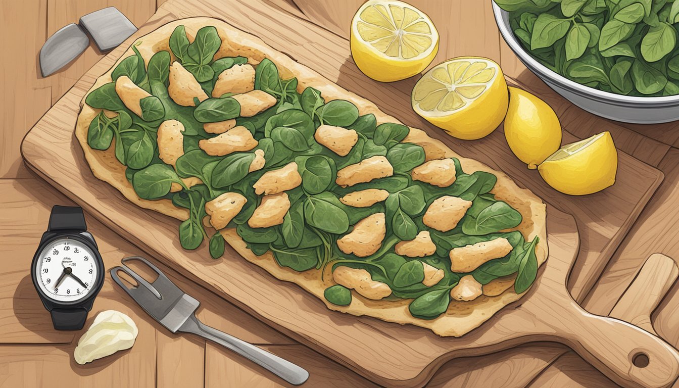 A chicken and spinach flatbread sits on a wooden cutting board next to a bowl of mixed greens and a sliced lemon. A kitchen timer is set for the recommended storage time