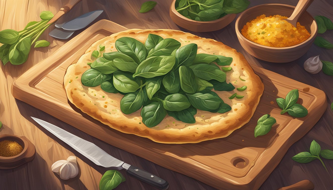 A freshly baked chicken and spinach flatbread sits on a wooden cutting board, surrounded by vibrant herbs and spices. The golden crust glistens under the warm glow of a kitchen light