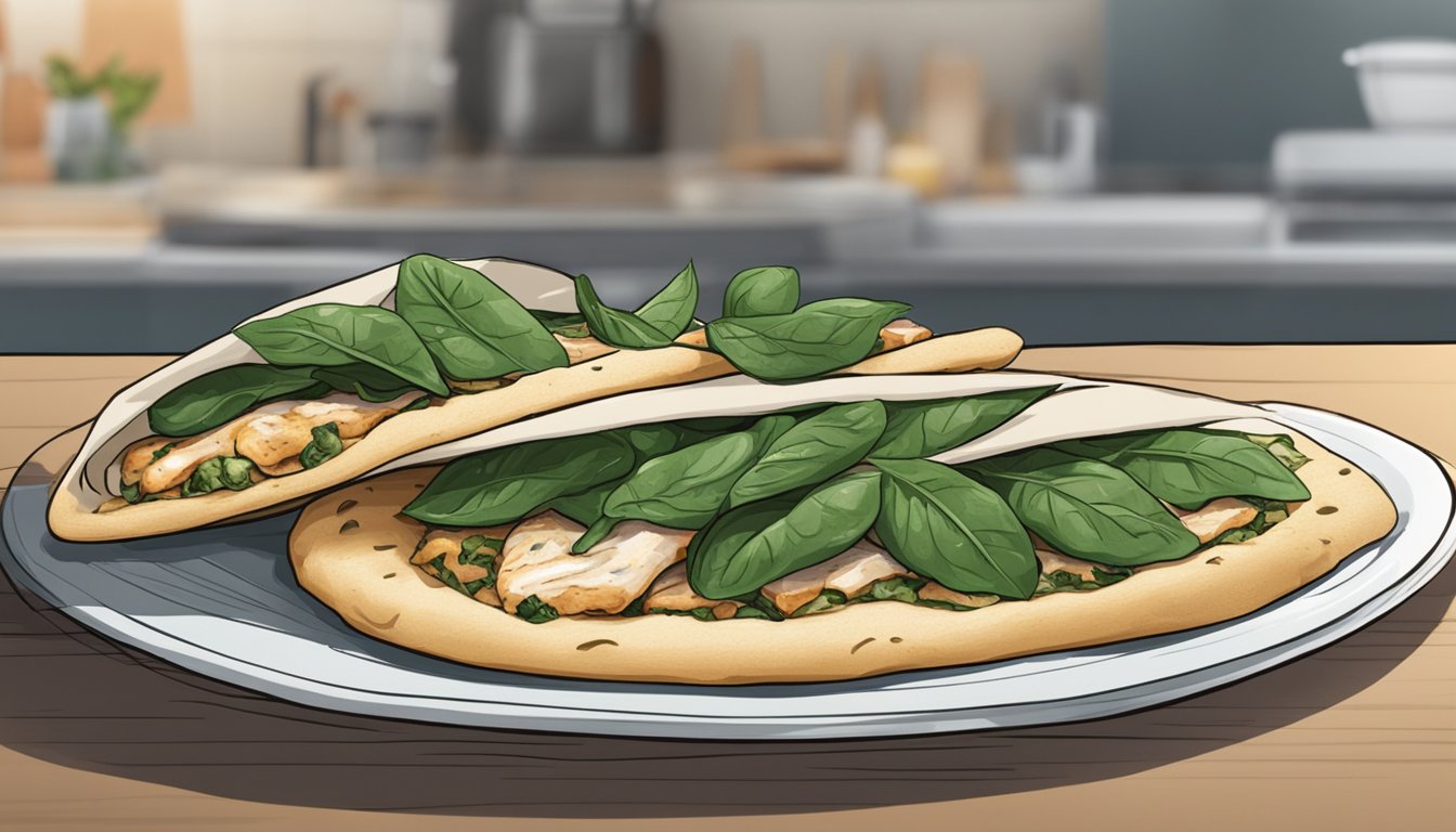 A flatbread with chicken and spinach sits on a plate, covered in plastic wrap, with a "use by" date written on a label