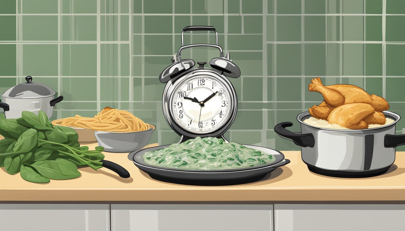 A pot of chicken and spinach alfredo sits on a stovetop, steam rising from the creamy sauce. A clock on the wall indicates the time