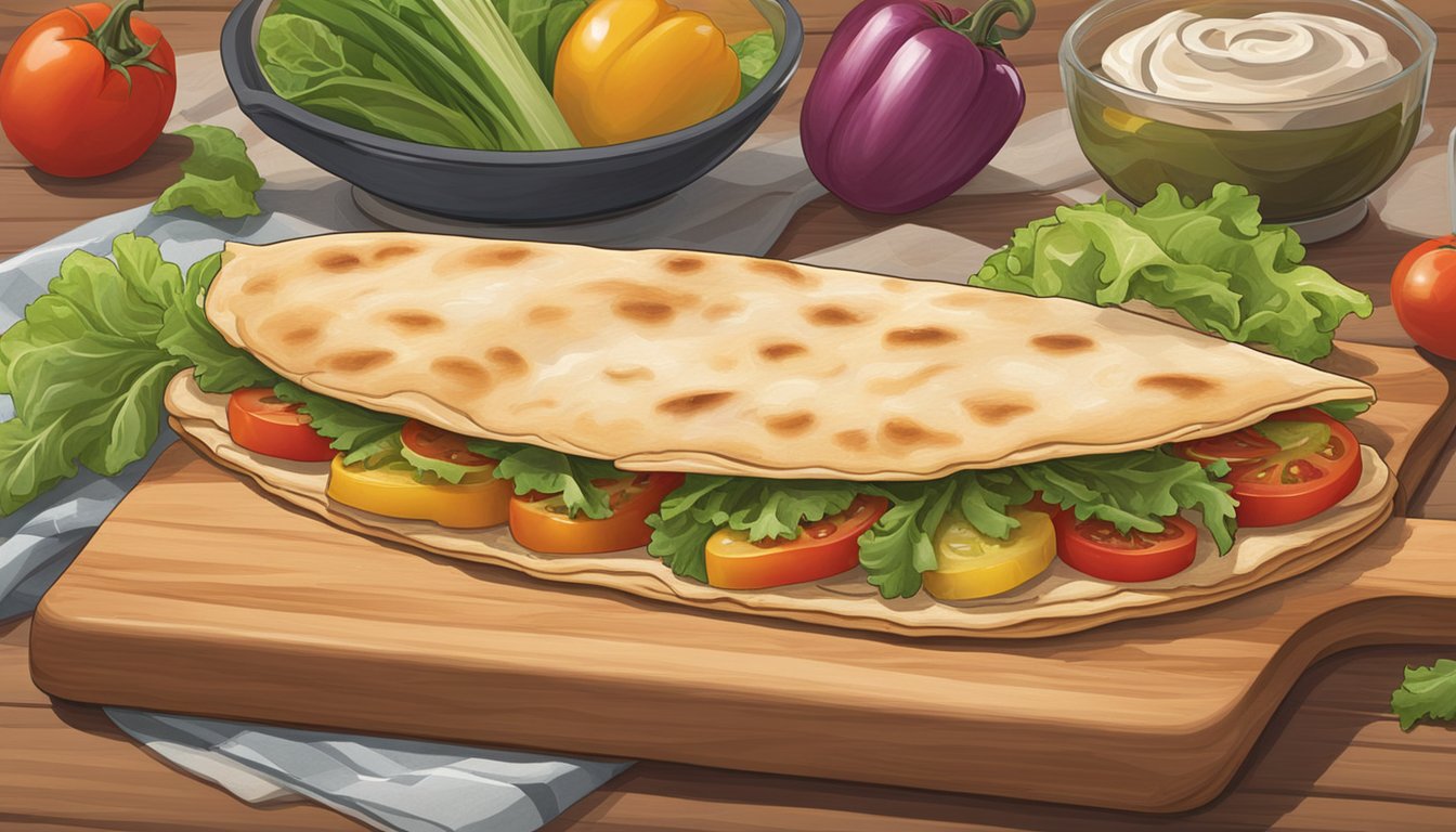 A chicken and vegetable flatbread sits on a wooden cutting board, surrounded by fresh ingredients like tomatoes, lettuce, and bell peppers. It is covered in a clear plastic wrap to preserve its freshness