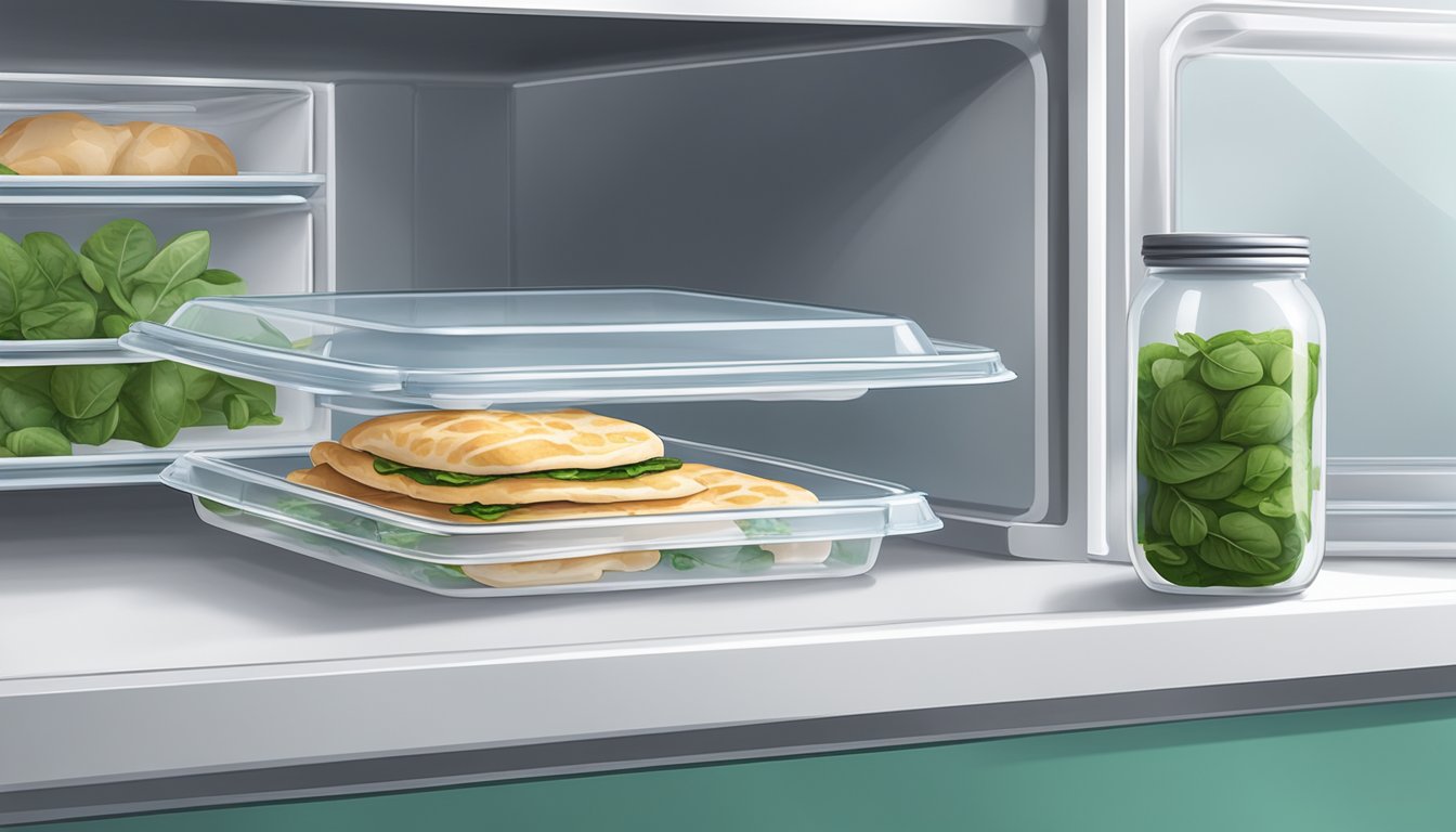 A chicken and spinach flatbread sits on a clean, white plate, covered with a transparent food storage container in a refrigerator