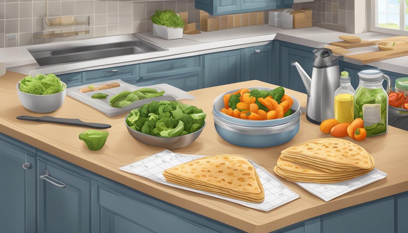 A kitchen counter with a sliced chicken and vegetable flatbread, surrounded by a calendar and labeled containers for safety and spoilage identification