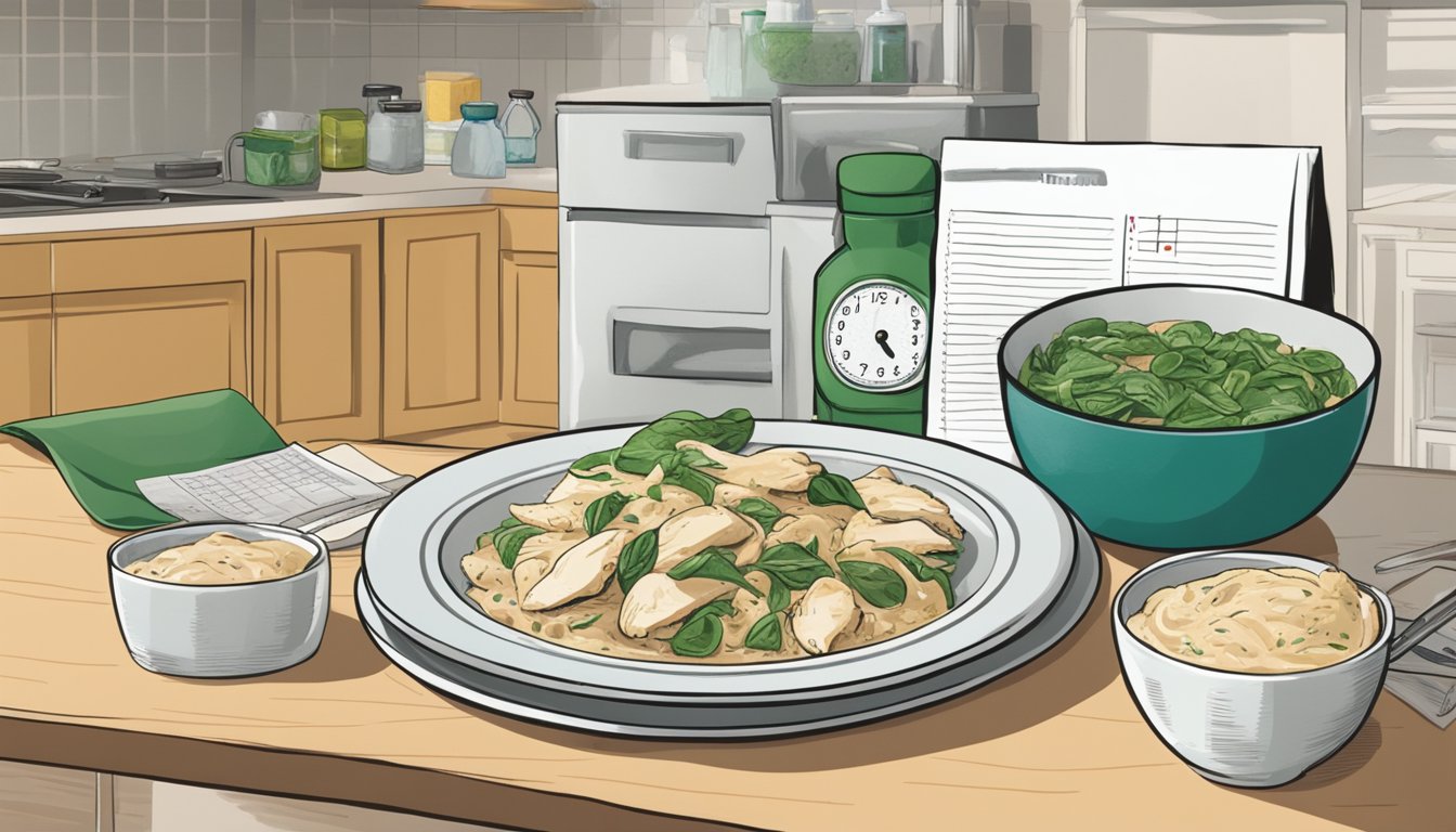 A half-eaten plate of chicken and spinach alfredo sits on a kitchen counter, surrounded by empty containers and a calendar with the expiration date circled