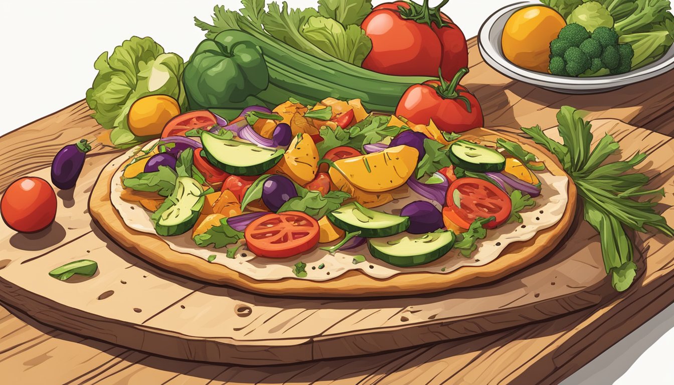 A colorful flatbread topped with grilled chicken and fresh vegetables sits on a wooden cutting board next to a pile of vibrant produce