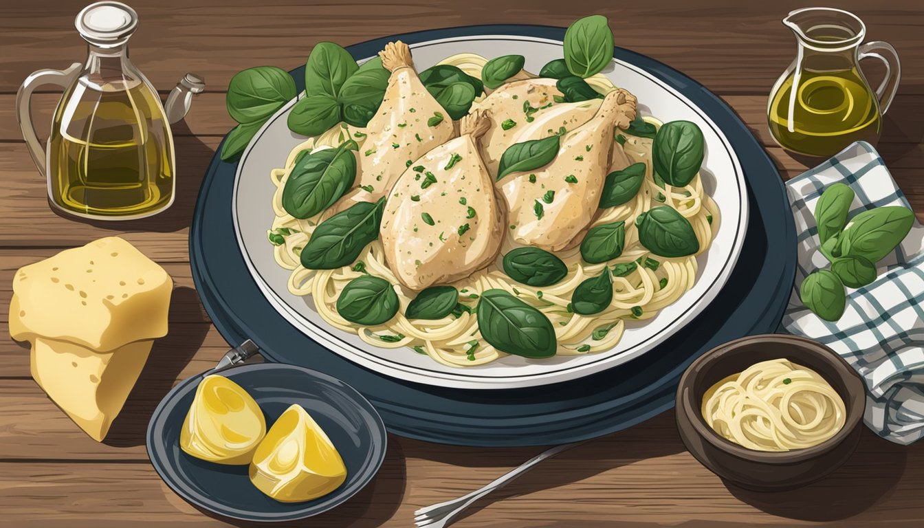 A steaming plate of chicken and spinach alfredo sits on a rustic wooden table, surrounded by fresh ingredients and a bottle of olive oil