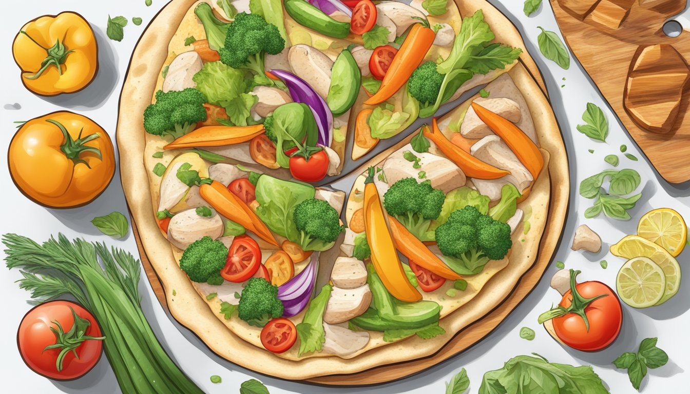 A colorful array of fresh vegetables and seasoned chicken arranged on a flatbread, with a timer indicating the passage of time