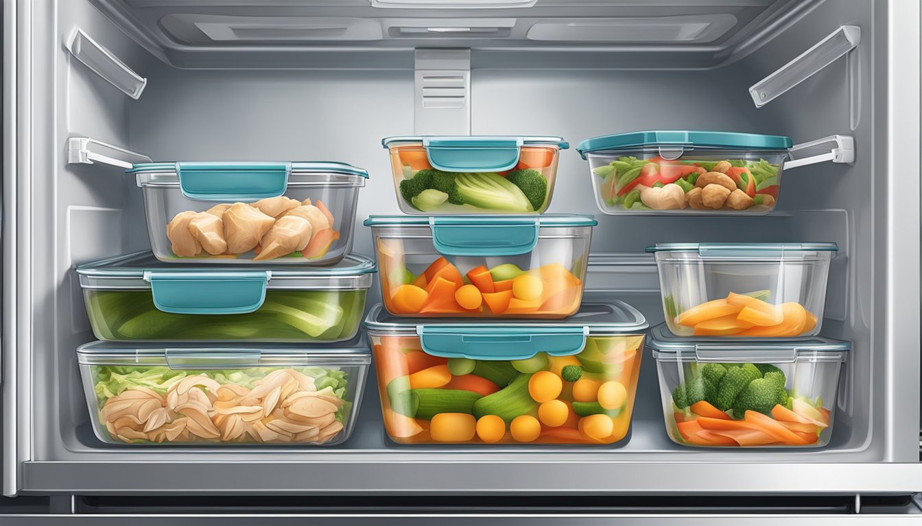 Airtight containers in fridge, chicken and vegetable stir-fry lasts 3-4 days