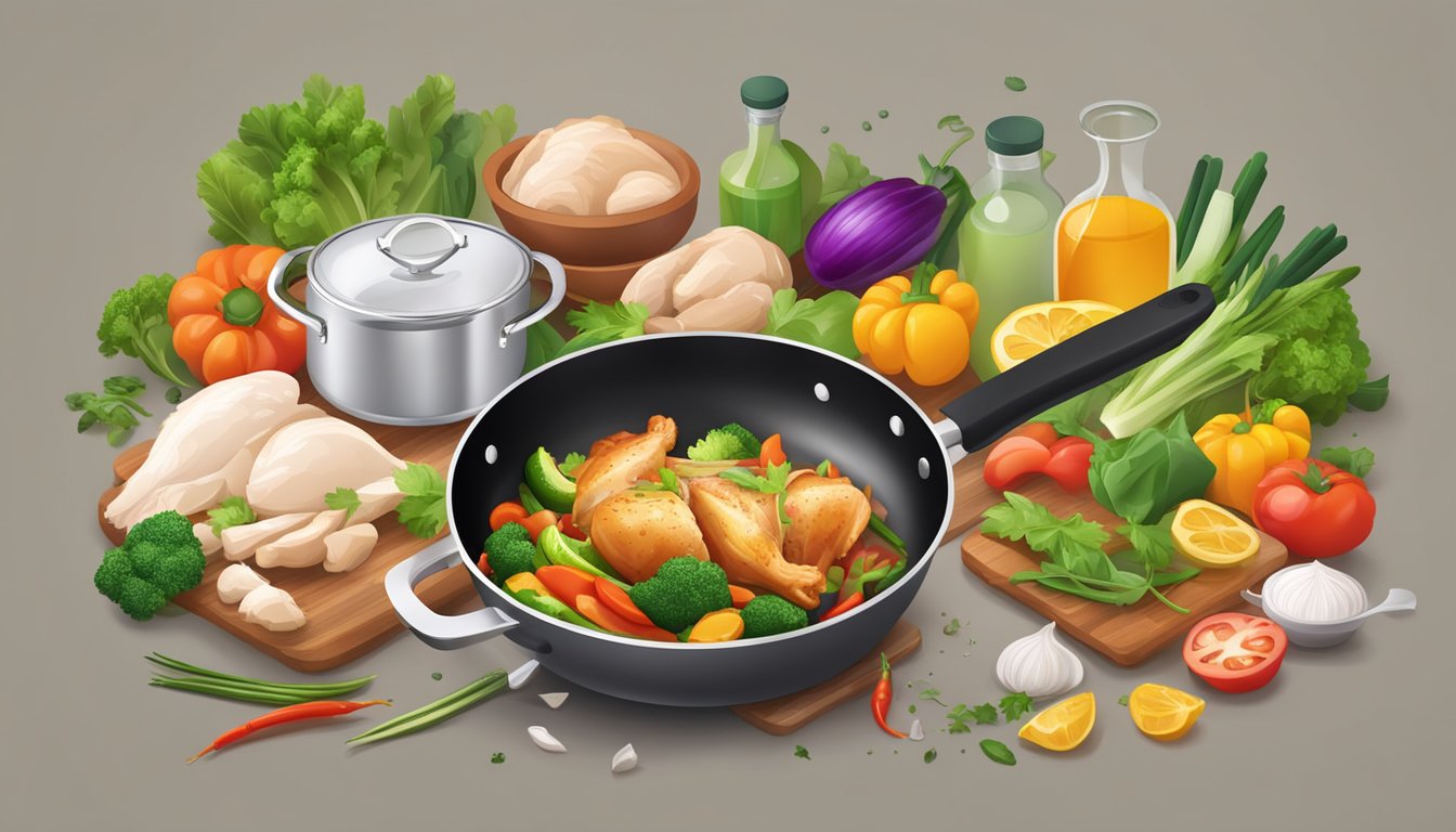 A sizzling stir-fry pan with chicken and colorful vegetables, steam rising, surrounded by fresh ingredients and cooking utensils