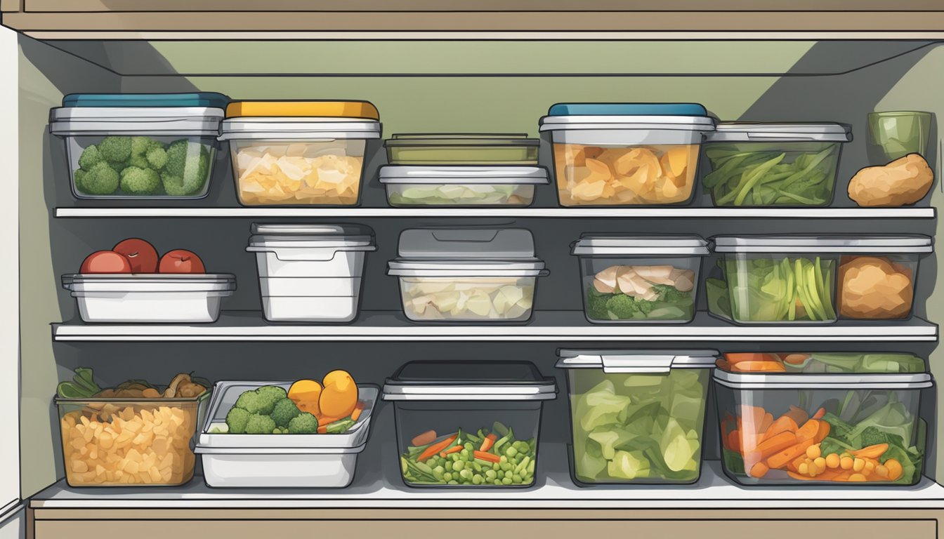 A container of chicken and vegetable stir fry sits in the fridge, with a label indicating the date it was made. The food is surrounded by other containers of leftovers, all neatly organized on the shelf