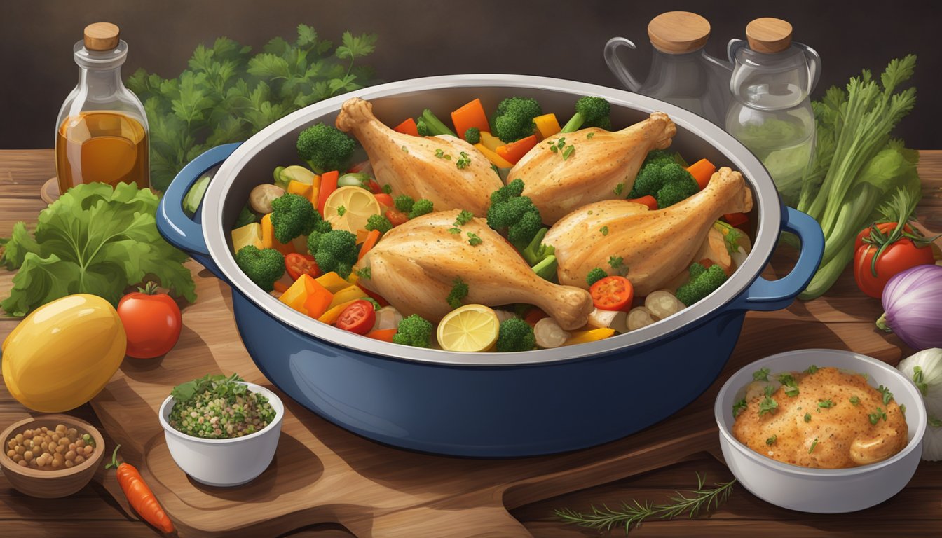 A steaming casserole dish sits on a rustic wooden table, filled with hearty chunks of chicken and colorful mixed vegetables, surrounded by the comforting aroma of savory herbs and spices