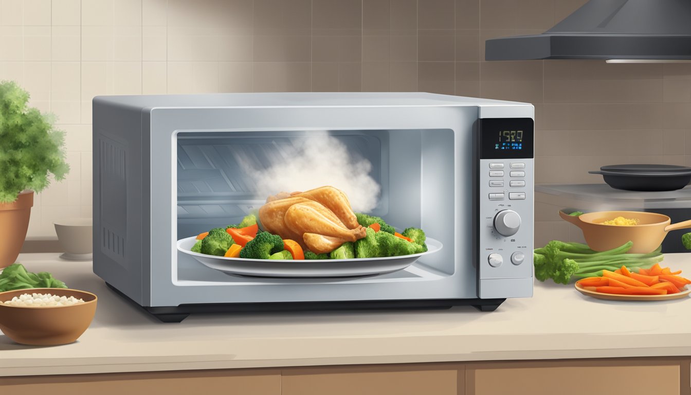 A microwave with a plate of chicken and vegetable stir-fry inside, steam rising from the food as it heats up