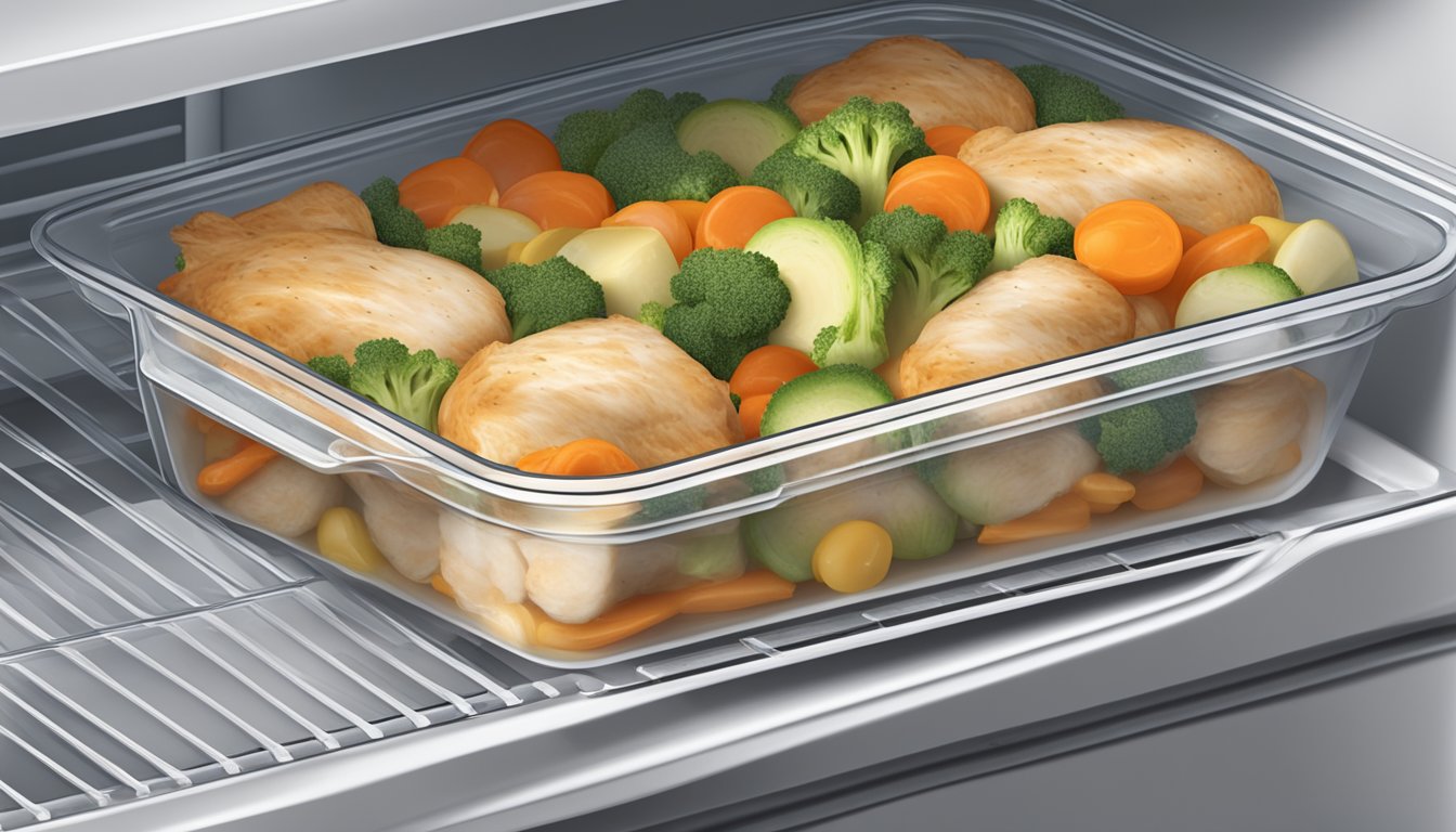 A chicken and vegetable casserole stored in a sealed container in the refrigerator, with a visible expiration date label