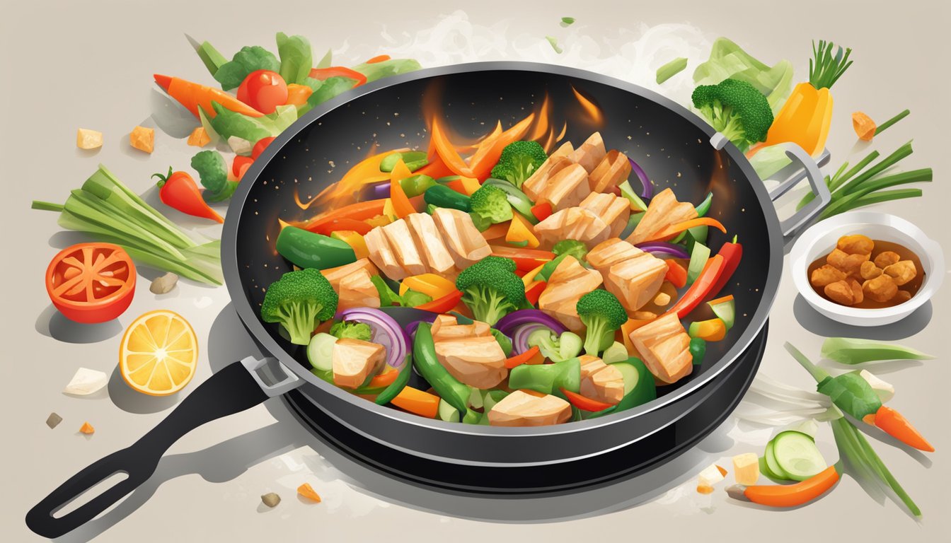 A sizzling stir-fry in a wok, with colorful chunks of chicken and an assortment of fresh vegetables being tossed and cooked together over a high flame