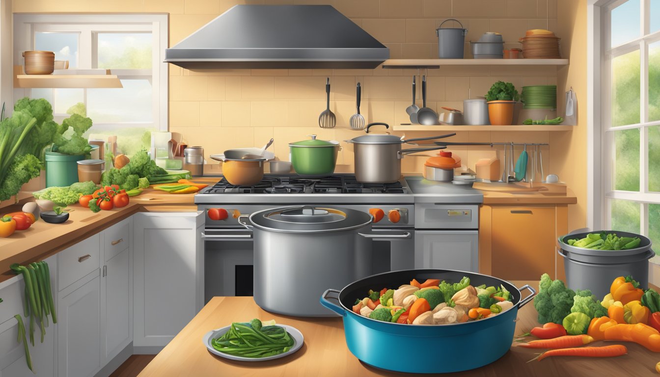 A bustling kitchen with a sizzling wok filled with colorful vegetables and chicken. A compost bin and recycling bin sit nearby, emphasizing environmental consciousness