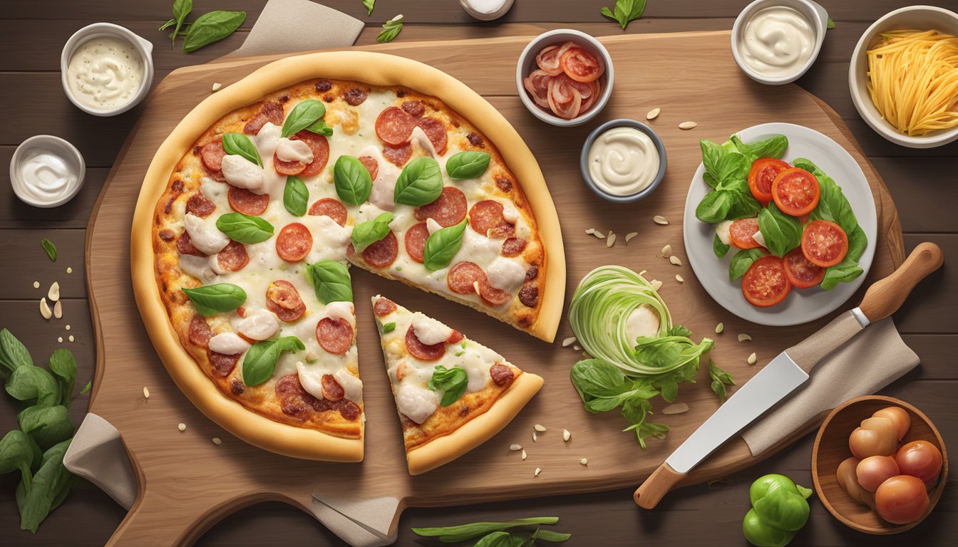 A chicken bacon ranch pizza sits on a wooden cutting board, surrounded by fresh ingredients and cooking utensils