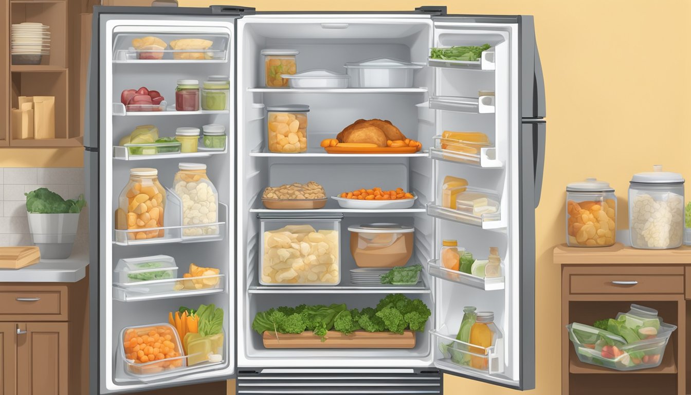 A refrigerator with a labeled container of chicken and vegetable casserole, surrounded by various other food items and a calendar on the wall