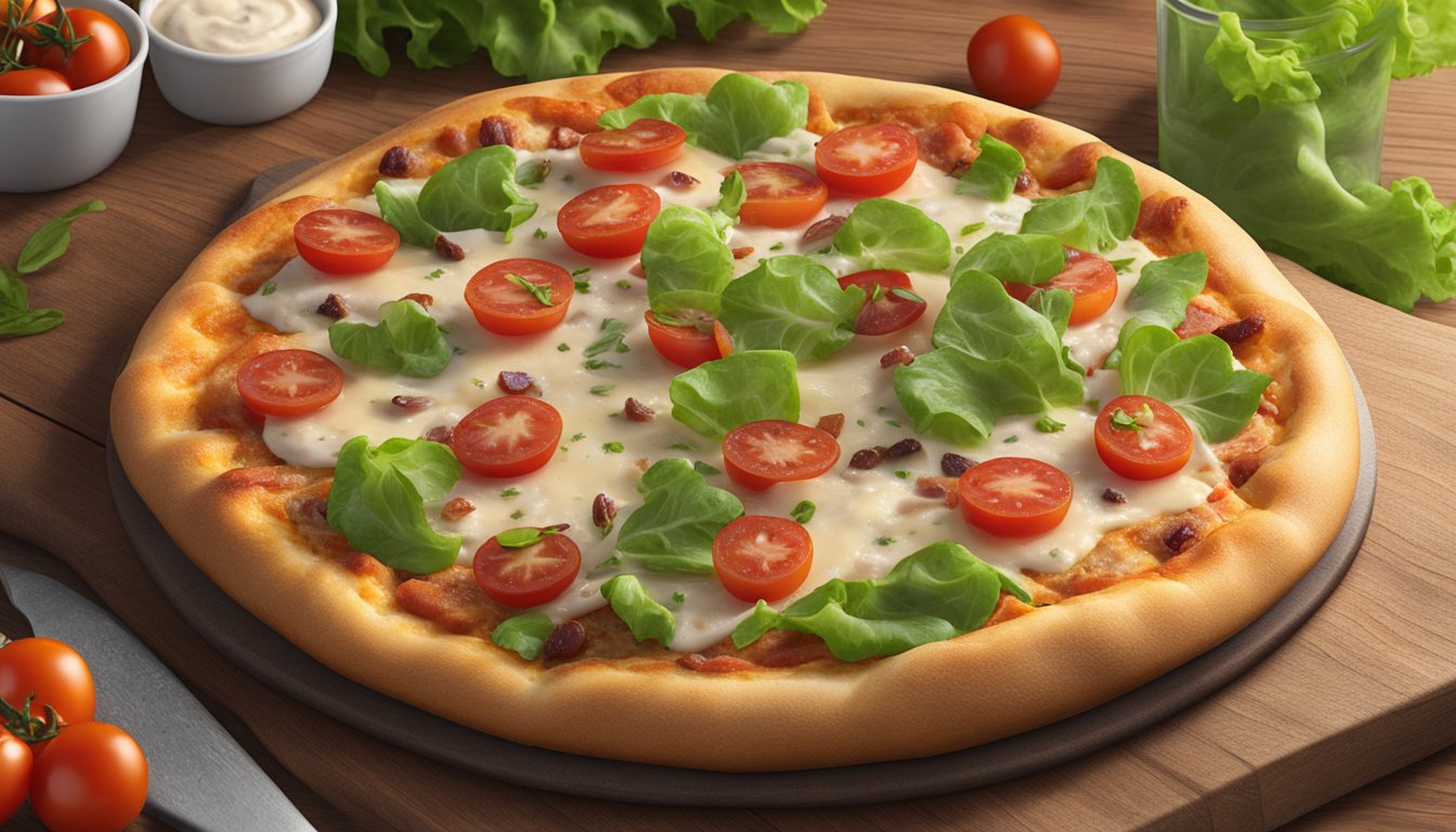 A freshly baked chicken bacon ranch pizza sits on a rustic wooden cutting board, surrounded by vibrant green lettuce and ripe cherry tomatoes