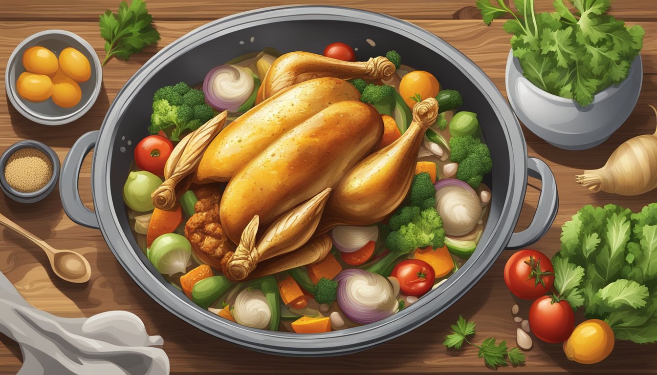 A steaming chicken and vegetable casserole sits on a rustic wooden table, surrounded by fresh ingredients and cooking utensils