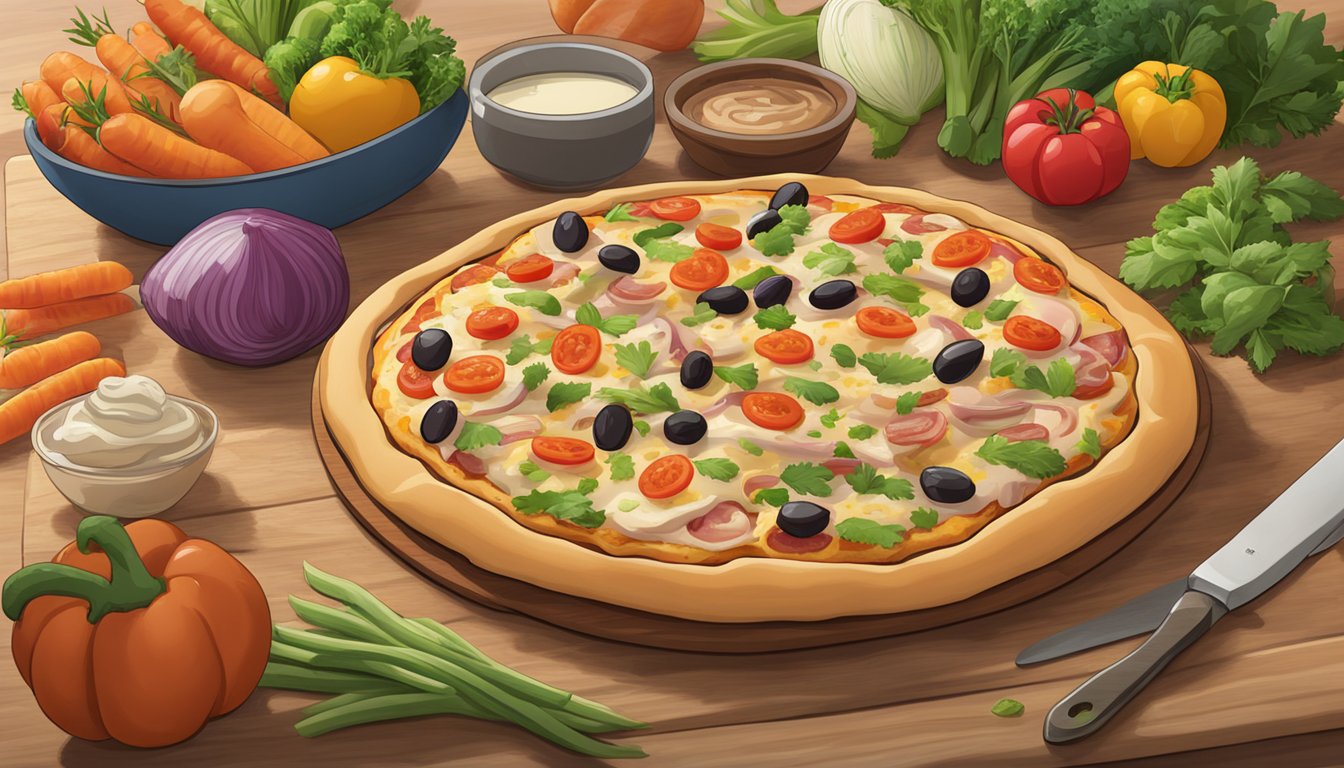 A freshly baked chicken bacon ranch pizza sits on a wooden cutting board, surrounded by colorful vegetables and herbs