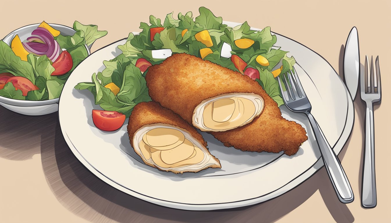 A golden-brown chicken cordon bleu sits on a white plate next to a colorful side salad, with a knife and fork resting nearby