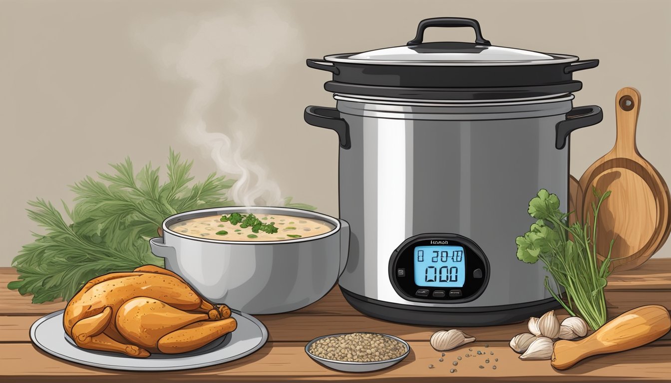 A steaming pot of chicken and wild rice soup sits on a rustic wooden table, surrounded by fresh ingredients and a timer set for the recommended storage time