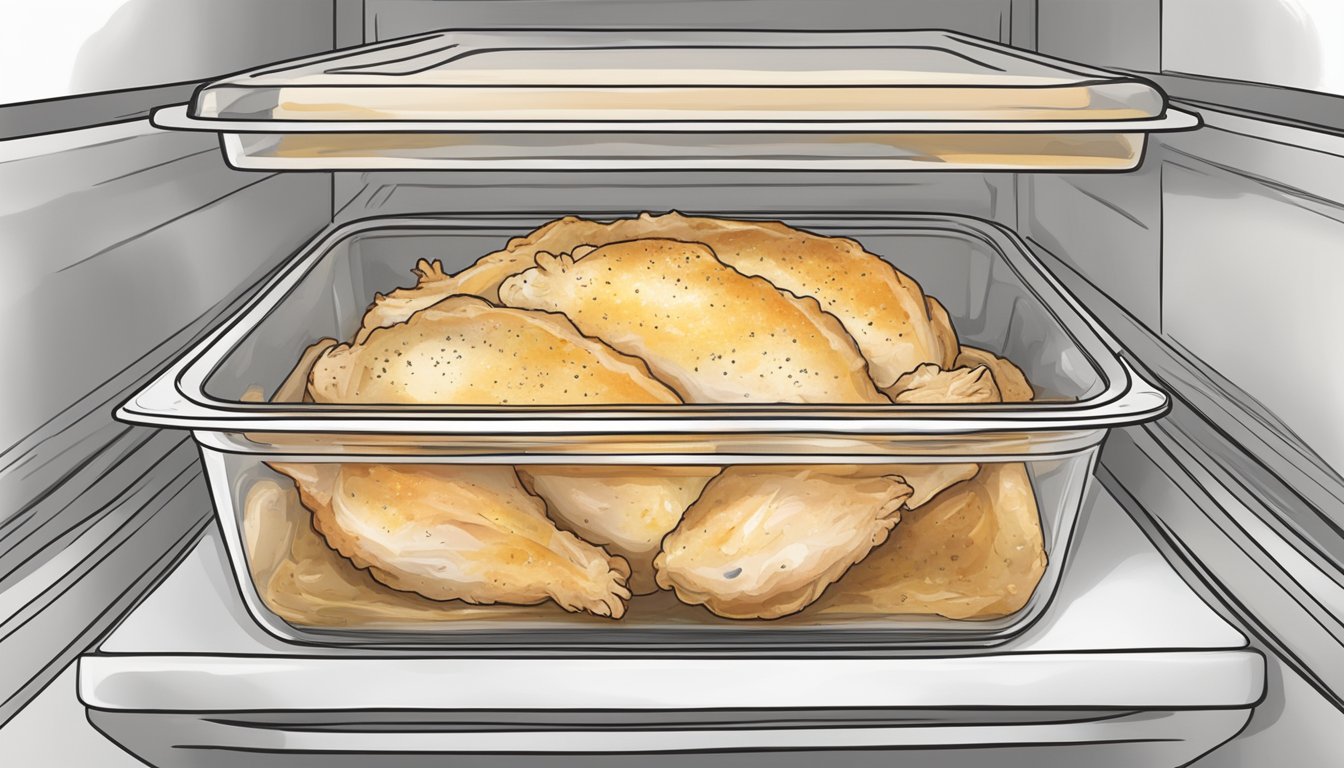 A cooked chicken cordon bleu is being stored in an airtight container in the refrigerator, with a label indicating the date it was prepared