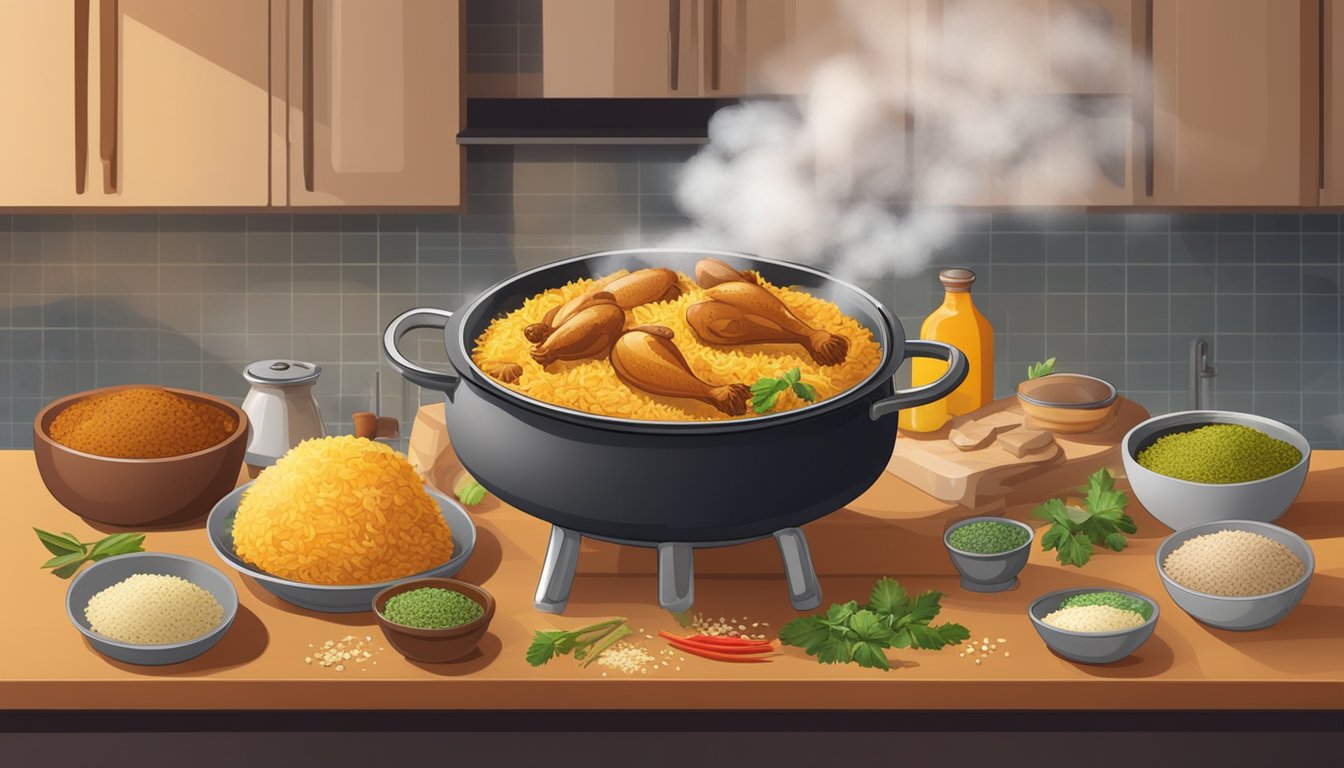 A steaming pot of chicken biryani sits on a kitchen counter, surrounded by various spices and ingredients. The aroma of the fragrant dish fills the air