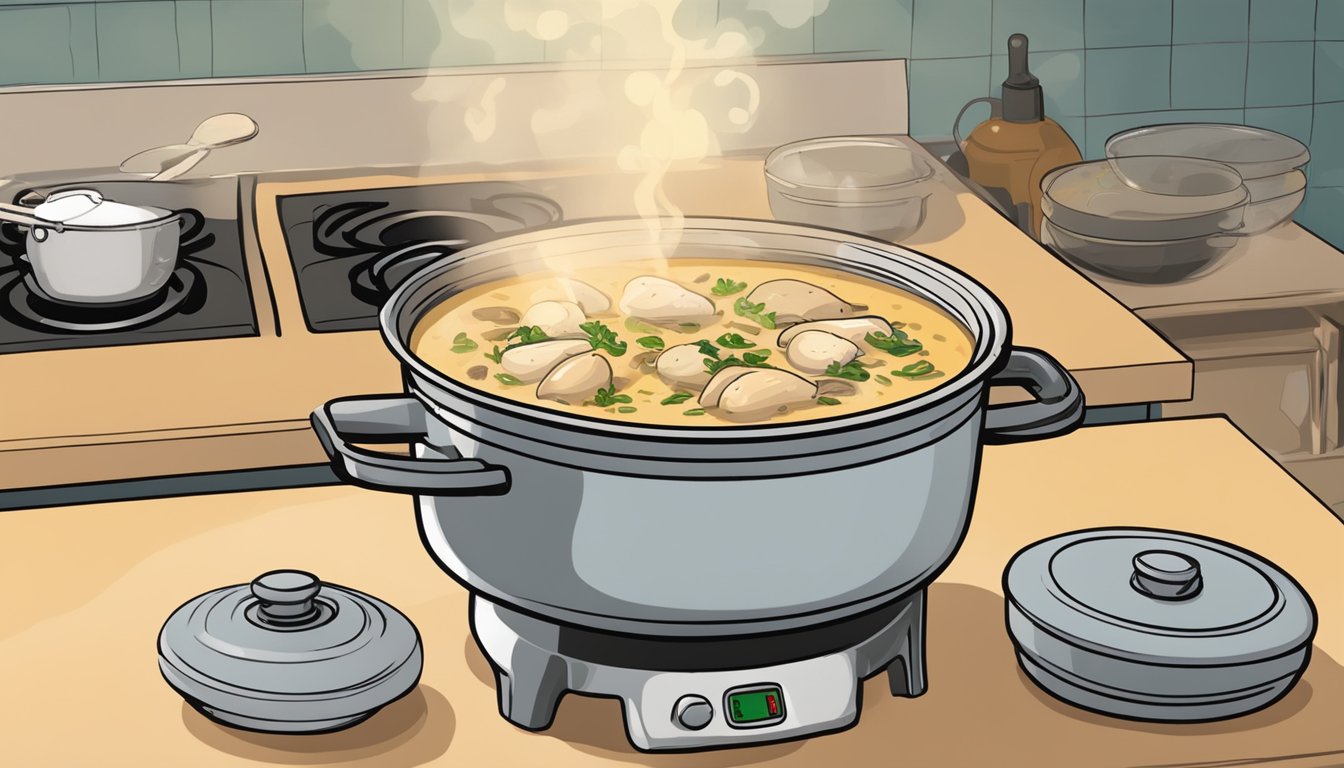 A pot of chicken and wild rice soup sits on a stove, steam rising from the bubbling liquid. A timer on the counter indicates the remaining time until the soup is ready to be served