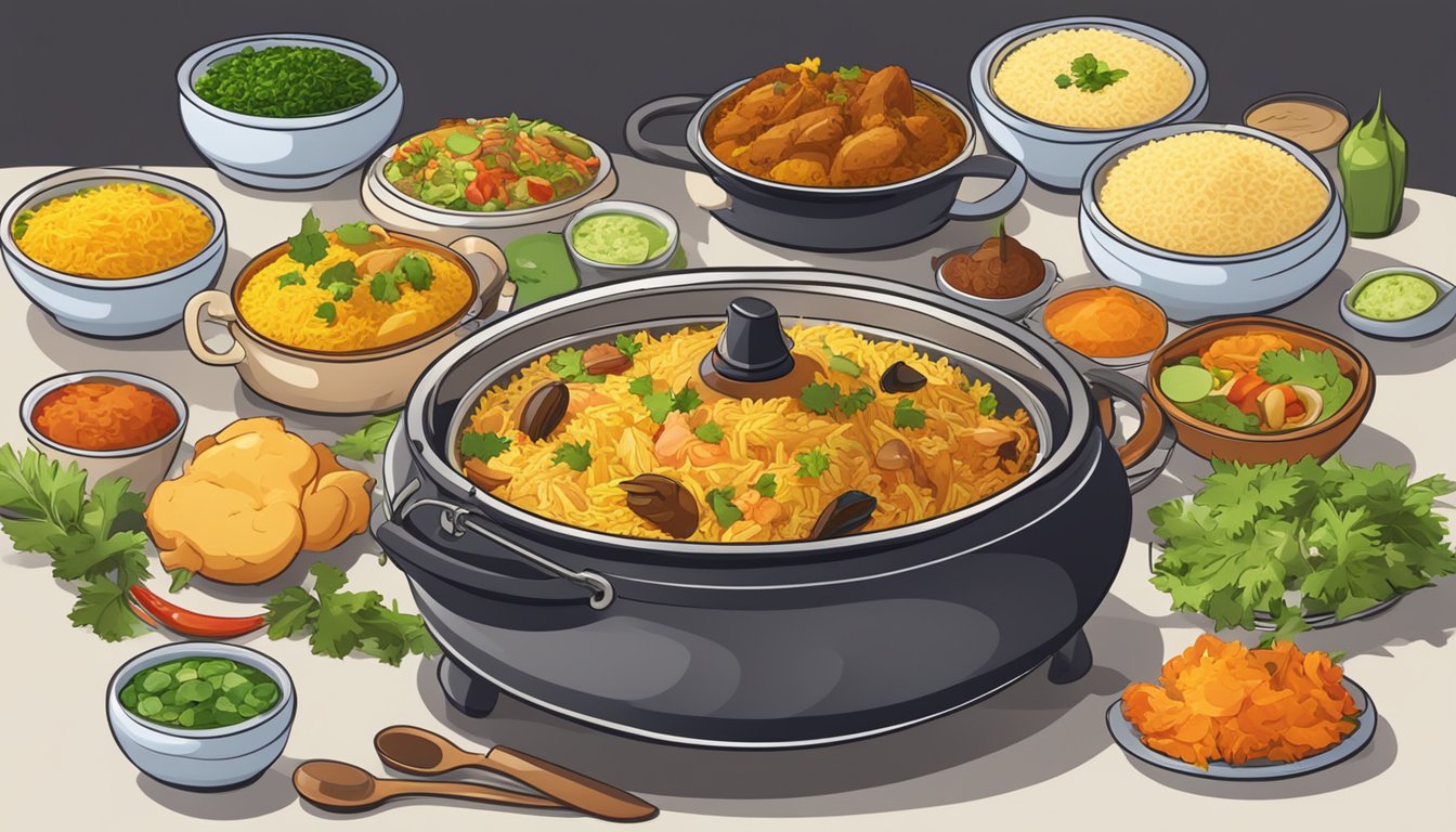 A steaming pot of chicken biryani surrounded by colorful side dishes on a table