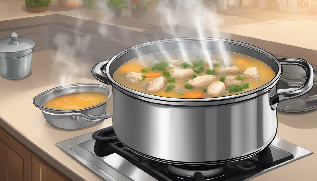 A pot of chicken and wild rice soup sits on a kitchen counter, covered with a lid. The steam rises from the surface, indicating that it is still hot