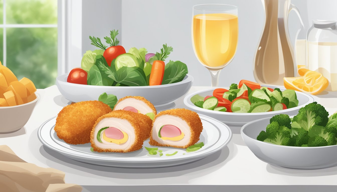 A plate of chicken cordon bleu on a white table, surrounded by fresh vegetables and a glass of water