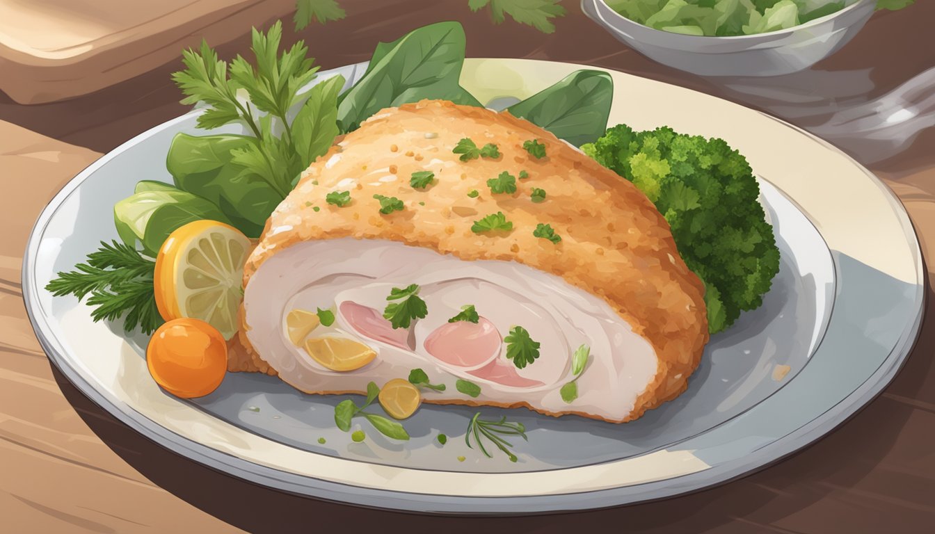 A cooked chicken cordon bleu sits on a clean plate, surrounded by fresh herbs and vegetables. The dish is covered with a clear plastic wrap to maintain its freshness