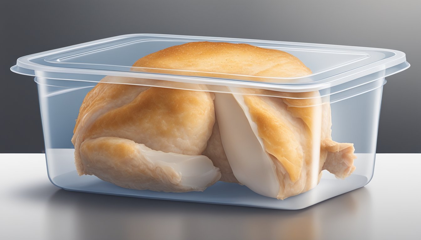 A whole chicken cordon bleu stored in a sealed container in the refrigerator, with a visible expiration date on the packaging