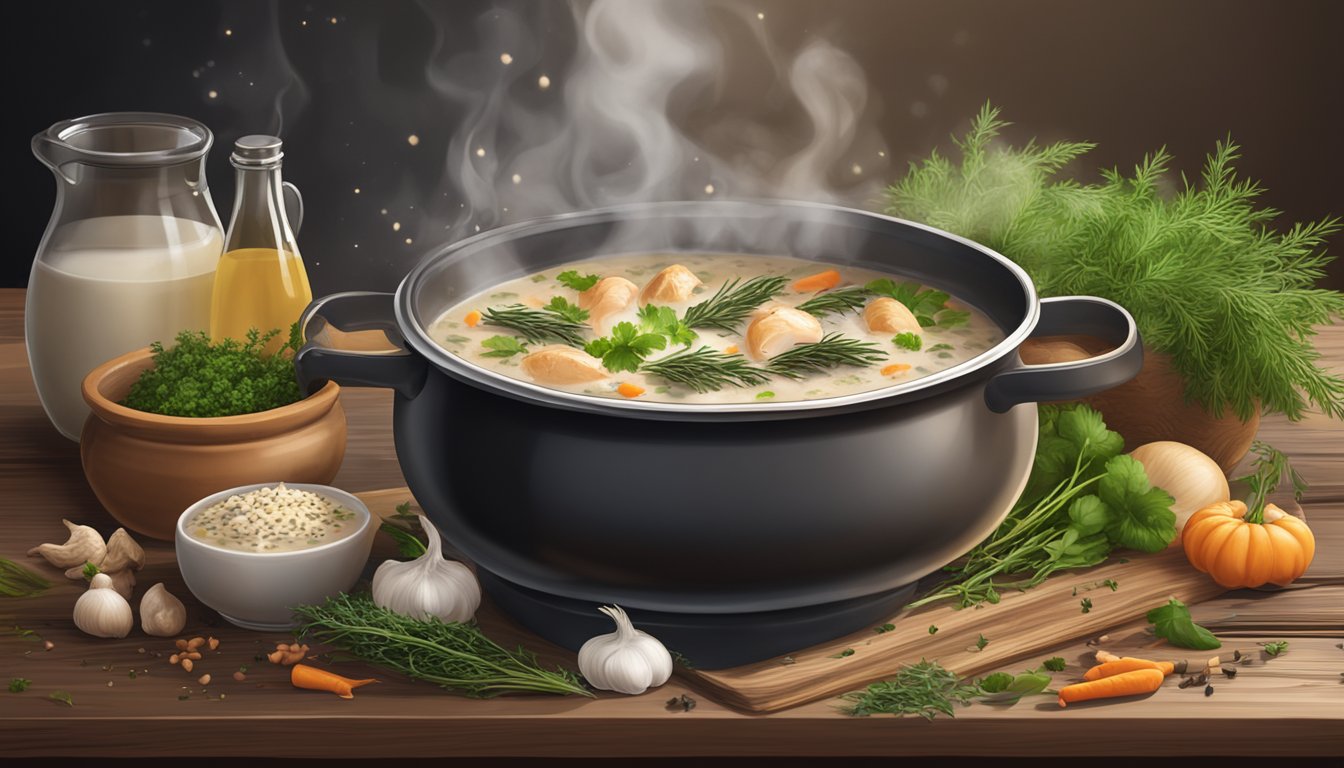 A steaming pot of chicken and wild rice soup sits on a rustic wooden table, surrounded by fresh herbs and spices