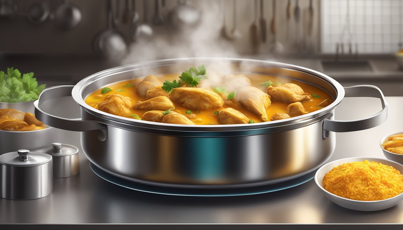 A pot of chicken curry sits on a kitchen counter, covered with a lid. The steam rises from the rich, aromatic dish, filling the room with spicy fragrance