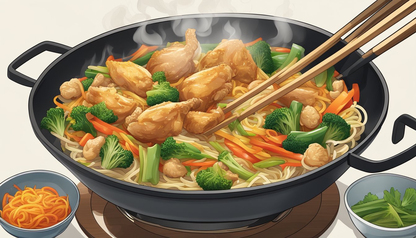 A sizzling wok full of stir-fried chicken, noodles, and vegetables, steaming and fragrant, with a few scattered ingredients nearby