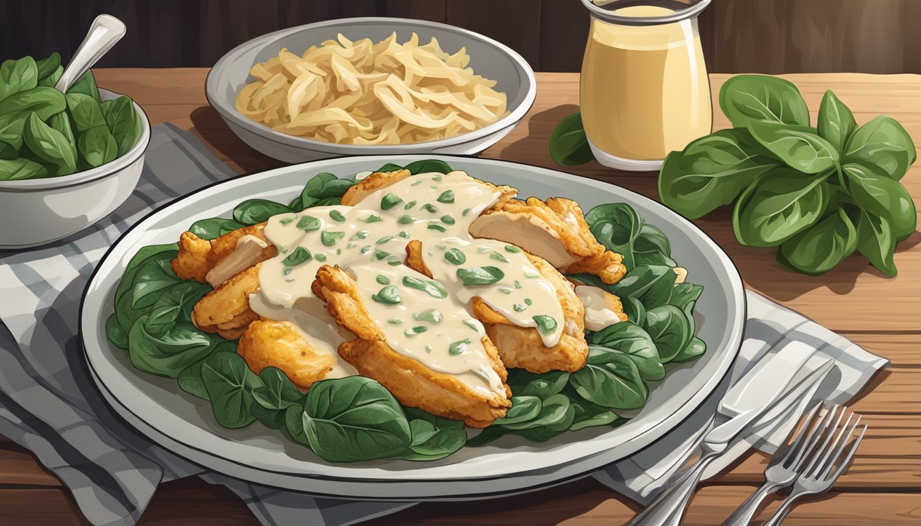 A plate of Chicken Florentine on a rustic wooden table, surrounded by fresh spinach, creamy sauce, and tender pieces of chicken