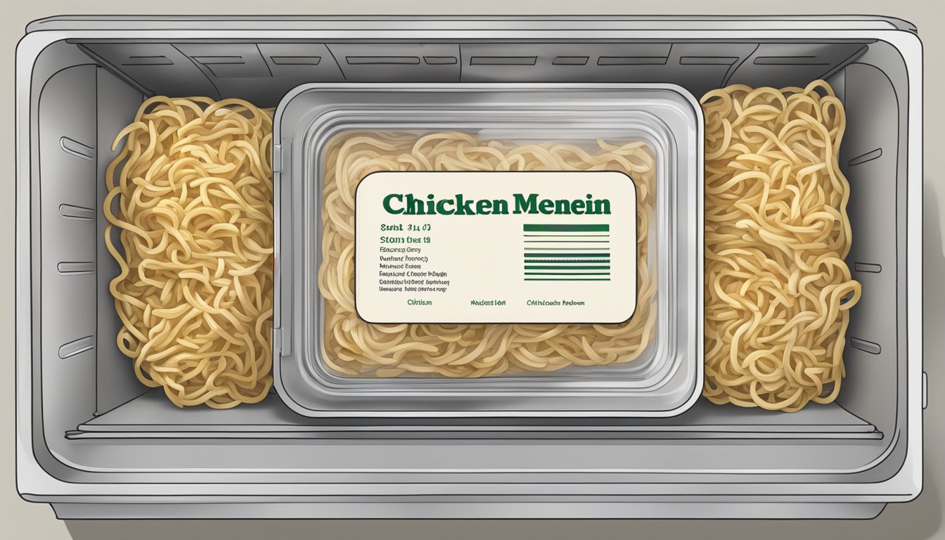 A container of Chicken Chow Mein sits in a refrigerator, with a label indicating the date it was prepared