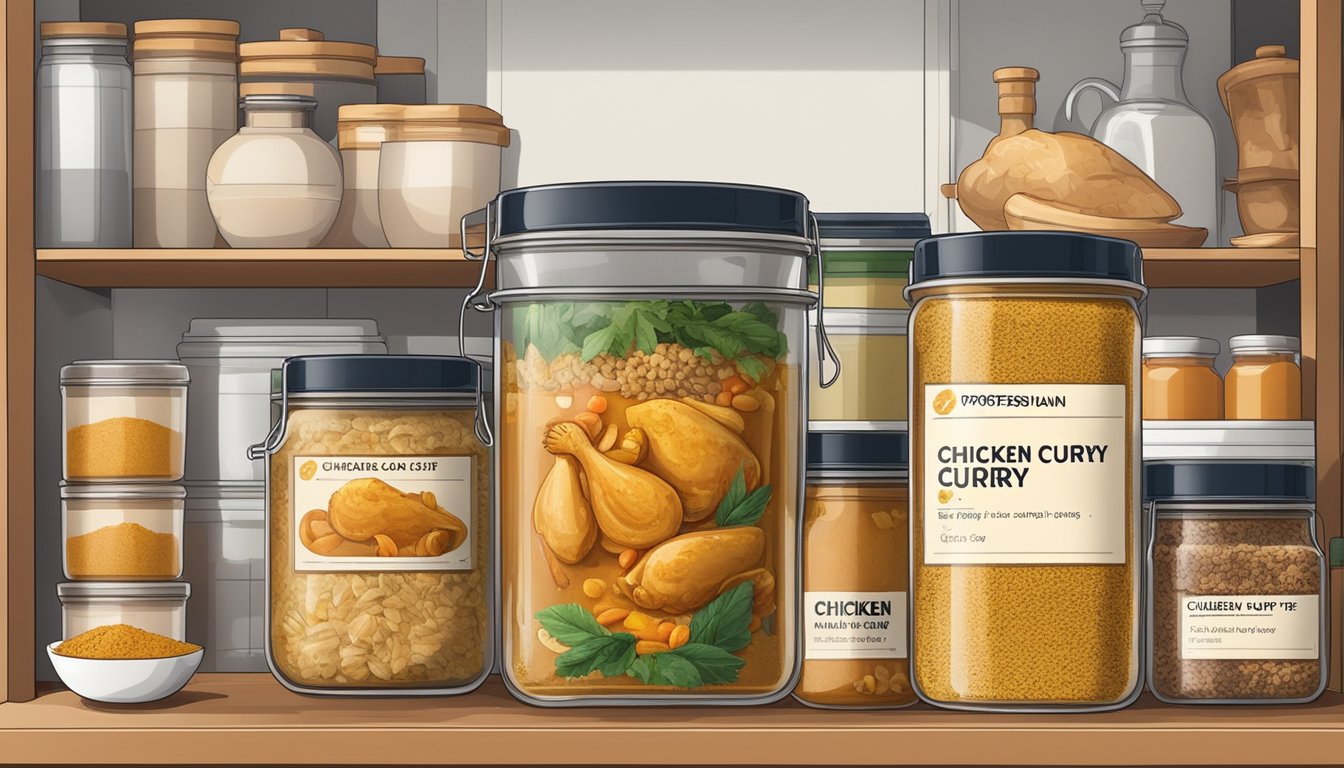 A container of chicken curry sits on a kitchen shelf, surrounded by various ingredients and spices. The expiration date on the label indicates its storage life